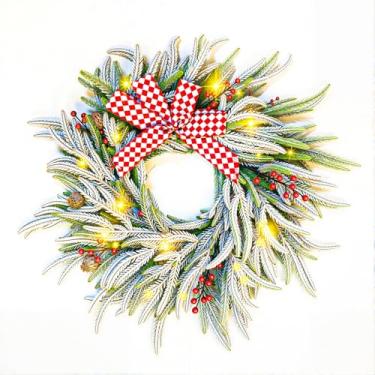 Imagem de Guirlanda de Natal para porta da frente, guirlanda de neve artificial de 56 cm com luz de LED, decoração de parede para casa, decoração de cristãos, decoração ao ar livre