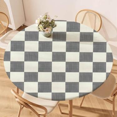 Imagem de viaowan Toalha de mesa redonda xadrez Buffalo com borda elástica – lavável, antiderrapante, sem rugas para mesas redondas de 109 a 122 cm