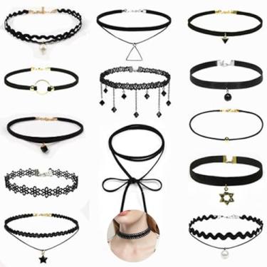 Imagem de ZQTSANKESL Conjunto de colar gargantilha gótica - coleiras de renda com tatuagem de veludo com pingente triangular, normal, Plástico, não