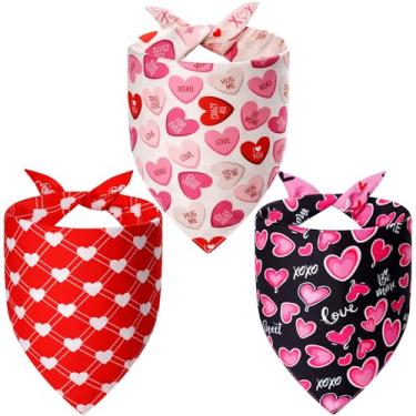 Imagem de Agroon Bandana de Dia dos Namorados Grande 3 peças, Cachecol de Coração com 6 Padrões para Meninos e Meninas, Vermelho Rosa Preto Triângulo Reversível Amor Babadores Raça para Filhotes de Estimação