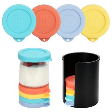 Imagem de Pacote com 8 tampas de silicone para iogurte adequado para potes de iogurte Oui com organizador de tampa, tampas de pote à prova de vazamento e reutilizáveis, perfeitas para pudim de iogurte de aveia