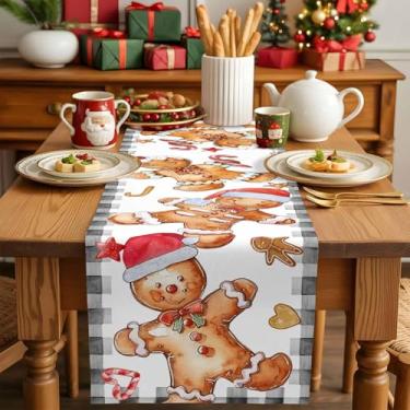 Imagem de Caminho de mesa de Natal homem de gengibre para mesa xadrez preto para mesas de jantar, corredor de jantar, decoração de mesa de festa, 33 x 183 cm