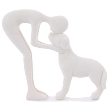 Imagem de FriyGardcn Escultura para animais de estimação, decoração de casa, estátua fofa de homem e cachorro para escritório, sala de estar, quarto, casa, presentes de memória para amantes de cães (arenito)