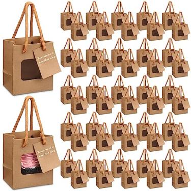 Imagem de Fuutreo 50 peças de sacos de presente de papel kraft com janela transparente, alças e etiquetas – casamento, Dia dos Namorados, Dia das Mães, Marrom, 4 x 2.75 x 4.5 In