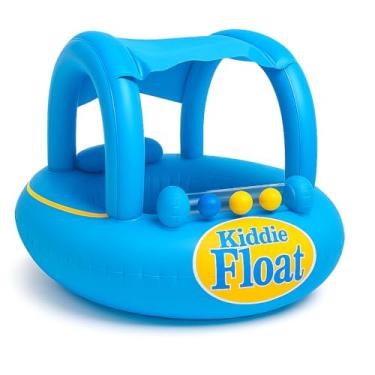 Imagem de Bóia Inflável com Assento e Toldo para Bebês 6 a 24 Meses – Bote Infantil em PVC Reforçado com Proteção Solar e Brinquedos (Azul)