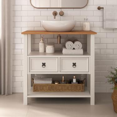 Imagem de IDIMEX Gabinete Banheiro em Madeira Balcão Armário com Tampo 2 Gavetas e Nichos Tequila cor Branco Freijó 80 cm