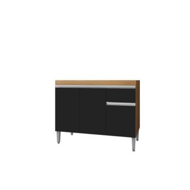 Imagem de Balcão Armário de Cozinha Tatiane 100cm Amêndoa/Preto S/Tampo 3 Portas 1 Gaveta