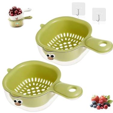 Imagem de Cesta de drenagem de camada dupla de cozinha com alça, mini coador de frutas e escorredor de vegetais para baga e tomate uva (2 peças verde)