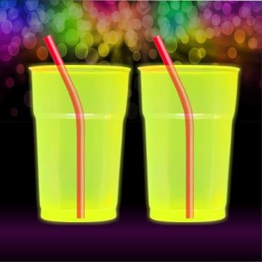 Imagem de Kit 100 Copos Neon 300ml com Canudos Mexedores Premium – Copos Coloridos para Festa Aniversário e Drinks (Amarelo)