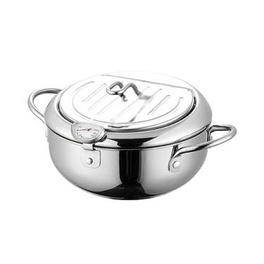 Imagem de Panela de Fritar Tempura Japonesa Aço Inoxidável Pequena com Termômetro e Filtro Óleo Bico Desvio Alça Fria Prateleira Arame Removível para Peixe Batatas Fritas Asas Frango Refeições em Família