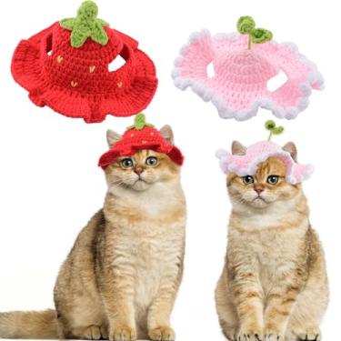 Imagem de HACRAHO Lindo chapéu de malha para gatos, 2 peças, chapéu de gato de morangos e brotos de feijão feito à mão chapéus de crochê para cães de inverno, gorro de lã de tricô de inverno, fantasia de festa