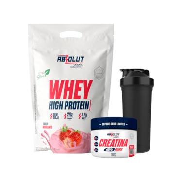 Imagem de Kit Whey Concentrado Adoçado Com Stévia High Protein 900g + Creatina 100% Pura 100g + Coqueteleira Academia (Morango)