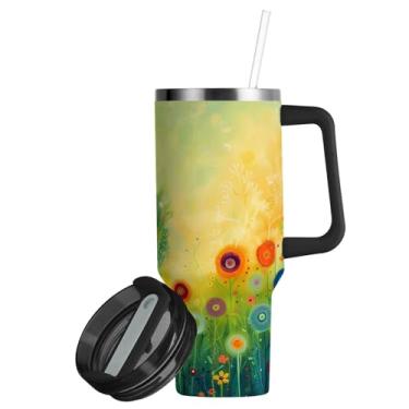 Imagem de ATTX Copo de pintura de flores coloridas de 850 g com alça, copo de aço inoxidável a vácuo de parede dupla com palha, caneca de café de viagem isolada #267