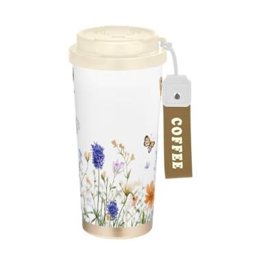 Imagem de SEHANY Caneca de viagem borboleta e flores de 482 ml Copos de café reutilizáveis revestidos de cerâmica com tampa à prova de vazamento, parede dupla, isolamento a vácuo, copo de café de aço inoxidável