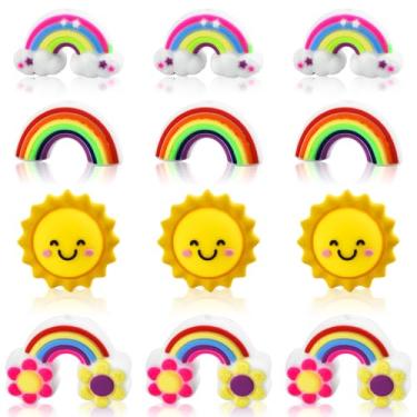 Imagem de WOZADU 12 peças de contas focais de silicone 3D em forma de arco-íris e sol para fazer chaveiros, contas de silicone para caneta, volumes soltos para pulseira, colar, cordão, joias e artesanato feito