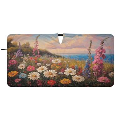 Imagem de Blueangle Pára-brisas para pintura de margaridas - 149,9 cm x 76,2 cm dobrável para janela dianteira do carro blocos de para-sol raios UV viseira de sol (590)