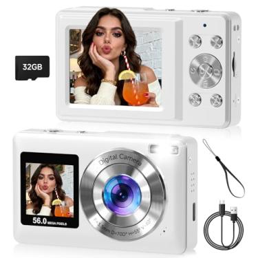 Imagem de Câmera digital, tela dupla de 56 MP com foco automático, captura de sorriso, antirvibração, zoom de 16x, cartão SD de 32 GB, presente Digicam para meninos, meninas e adolescentes
