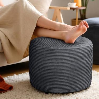 Imagem de AMCATON Pufe redondo de veludo cotelê otomano para sofá de sala de estar – banqueta de pelúcia macia preenchida com espuma desfiada, apoio confortável para os pés