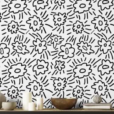 Imagem de Tanluxo Yiniri Papel de parede floral descasque e cole 43,9 cm x 299,7 cm papel de contato preto e branco papel de parede de desenho animado moderno autoadesivo removível para berçário quarto de