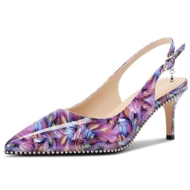 Imagem de Aachcol Sapatos femininos de couro envernizado bico fino salto agulha salto gatinho slingback vestido sapatos frisados confortáveis escritório 6 centímetros salto, Roxo, multicolorido, 41