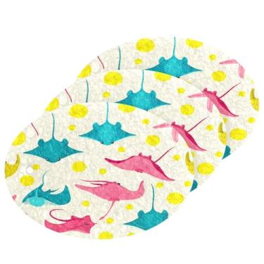 Imagem de Wassud Esponja de polpa de madeira de arraias de desenho animado para pratos, pacote com 3 esponjas de cozinha para limpeza, esfregão resistente para panelas antiaderentes, esponjas de lavar louça