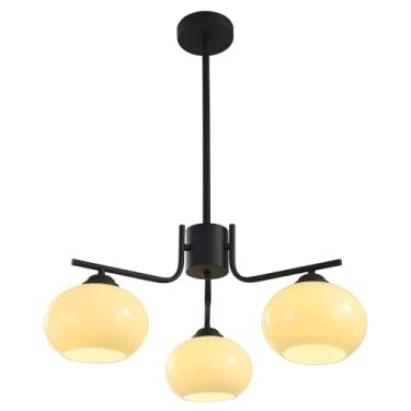 Imagem de Lustre de teto Sputnik vintage com 3 lâmpadas e globo de vidro amarelo, na cor preta fosca, ideal para sala de estar, sala de jantar e ilha de cozinha.