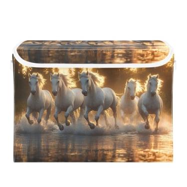 Imagem de CEBUGI Caixas de armazenamento com tampas, caixa de armazenamento de tecido dobrável, compartimentos organizadores de cubo de cavalos brancos para prateleiras de quarto de armário de casa 40 x 30 x 30