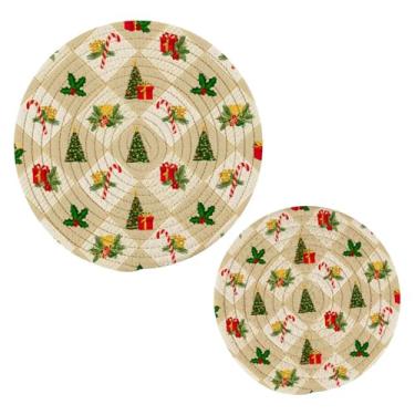 Imagem de Wassud Conjunto de trivet xadrez de árvores de Natal para pratos quentes, suportes redondos de algodão, almofadas quentes, porta-copos elegantes, decoração de cozinha e acessórios, 2 peças
