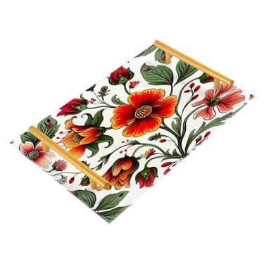 Imagem de Wassud Bandeja de banheiro com estampa floral vermelha com alças, organizador de perfume de joias de acrílico para banheiro, quarto, cozinha, balcão de 30 x 20 cm