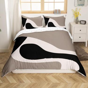 Imagem de Erosebridal Capa de edredom King listrado preto bege, geométrico, moderno, geométrico, abstrato, para mulheres, homens e adultos, conjunto de cama de arte minimalista e elegante