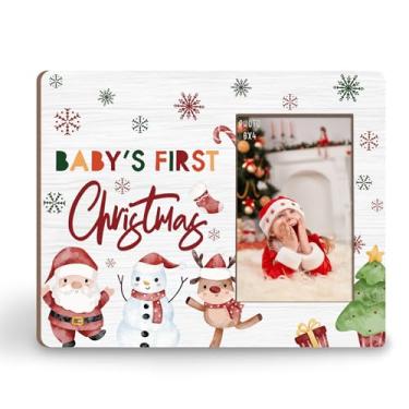 Imagem de KU-DaYi Porta-retrato do primeiro Natal do bebê, 20 x 25 cm, presente de lembrança de marco para recém-nascidos e futuros pais, moldura de madeira para parede e mesa de rena de Papai Noel para férias