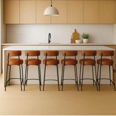 Imagem de Banqueta Cozinha Média Com Encosto Industrial Preto Kit 6 Londres Pu D03 - D`rossi Branco