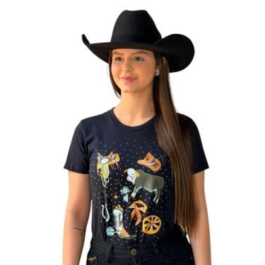 Imagem de Camiseta Preta Feminina Estampada Spur Strass Moda Country Baby Look A