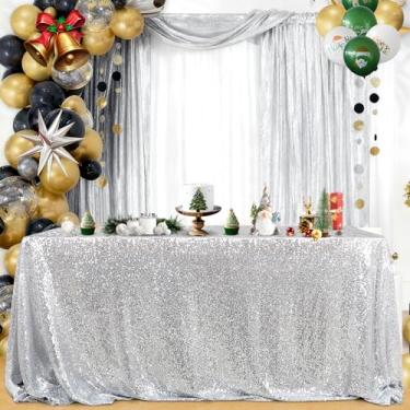 Imagem de B-COOL Toalha de mesa de lantejoulas 127 x 203 cm prata brilhante toalha de mesa pequena para festa de casamento, jardim, exibição de formatura
