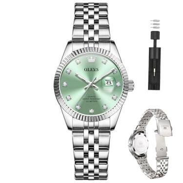 Imagem de OLEVS Relógio feminino prata para mulheres, vestido de diamante, relógios femininos para pulso pequeno, de aço inoxidável, à prova d'água, analógico, quartzo, data, elegante, relógio para mulheres