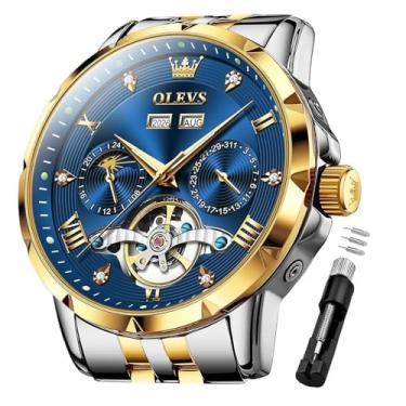 Imagem de OLEVS Relógio Masculino Automático Esqueleto Mecânico Clássico Luxo Negócios Diamante Aço Inoxidável Impermeável Luminoso Data Calendário Azul Relógios de Pulso, Azul, relógios masculinos