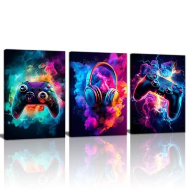 Imagem de WENGTIAO 3 peças de arte de parede em tela emoldurada para jogos, pintura legal de videogame, neon, gamepad, pôsteres, controle de jogo, imagens coloridas, arte esportiva para quarto de meninos