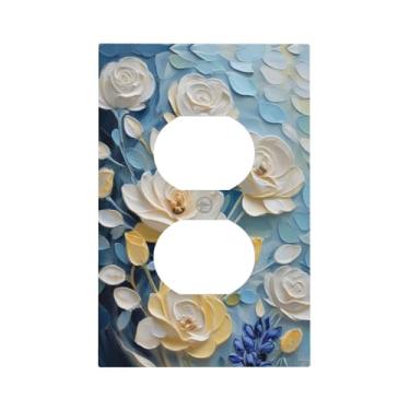 Imagem de Capa de interruptor de luz estilo de arte decorativa, padrão de flor azul e branca, placa decorativa de tomada basculante de 1 gangue, compatível com GFCI, capa protetora de interruptor elétrico para