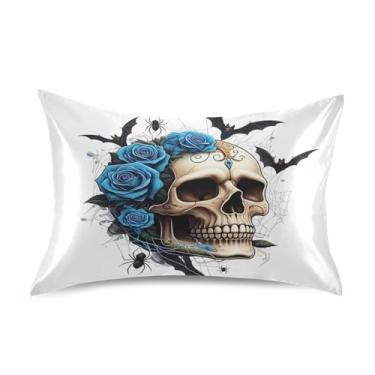 Imagem de Qilmy Fronhas de cetim de caveira rosa azul, fronha de seda respirável macia com fecho de envelope para sofá-cama e sofá, tamanho king 101 x 50 cm