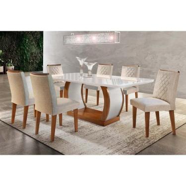 Imagem de Sala De Jantar Completa Tampo Madeirado C/ Vidro Canto Reto 6 Cadeiras Imbuia/Veludo Creme