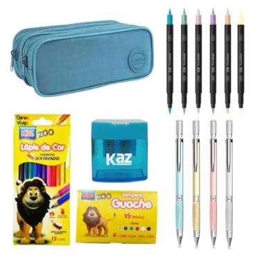 Imagem de Kit Material Escolar Aluno Colorido com 29 Itens Estudante Estojo Grande Marcador Dual Brish Lapis