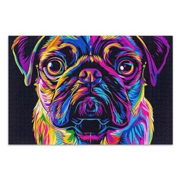Imagem de Quebra-cabeça fofo de cachorro pug neon de 500 peças, quebra-cabeça de presente faça você mesmo com bolsa de armazenamento de malha para adultos e famílias
