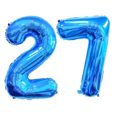 Imagem de GFIURNJVVBJH Balão gigante com 27 números, número de 81 cm, para decoração de festa de formatura de aniversário de 27 anos, casamento, formatura, celebração, festa, azul, 27