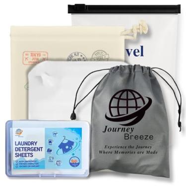 Imagem de Kit de lavanderia de viagem – Pacote de 5 peças com lençóis de detergente para a roupa (aroma de linho fresco), varal resistente, rolha de pia, bolsa de transporte de lona e bolsa com zíper fosco