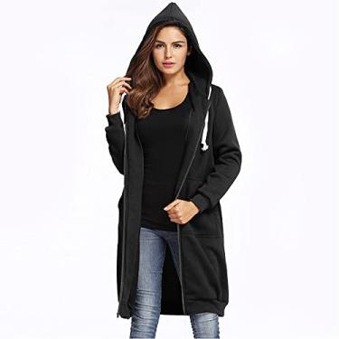 Imagem de Snsowed Nova Moda Feminina Com Capuz Longo Moletom Com Capuz Casaco Casual Bolsos Zíper Sólido Jaqueta (M)