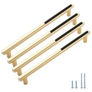 Imagem de Evionlin Pacote com 6 puxadores e puxadores de armário com esquema de cores douradas pretas de 19 cm para cômoda de cozinha