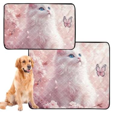 Imagem de TSENQUE Almofadas laváveis em flor de cerejeira rosa para gatos brancos para animais de estimação, almofadas reutilizáveis absorventes para treinamento de penico à prova d'água, antiderrapante
