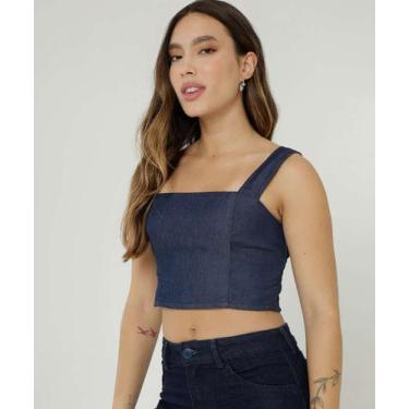 Imagem de Blusa Cropped Feminina Jeans Alças Largas Marisa-82239, Jeans azul, G