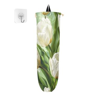 Imagem de Tulipas em verde com folhas dispensador de saco de mercearia parede, organizador de sacos para armazenamento de sacolas plásticas de cozinha, dispensador de sacolas de supermercado para sacolas