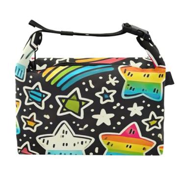 Imagem de TSENQUE Lancheira personalizada com estrelas arco-íris céu preto desenho animado para mulheres adultas lancheira térmica macia personalizada lancheira para trabalho